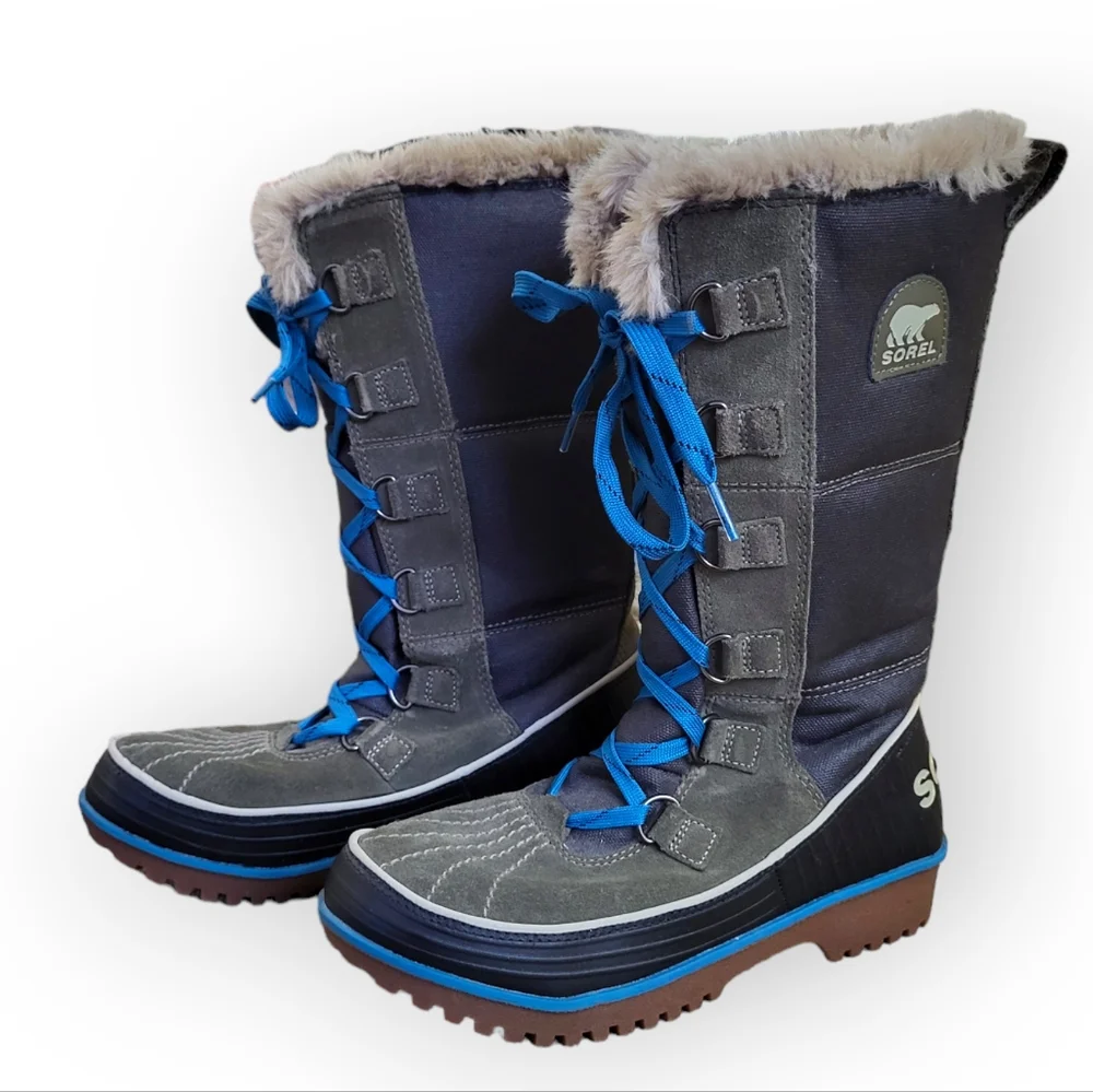 SOREL Women's Tivoli High II Canvas Winter Boots Blue Grey Green Lace Up 7.5